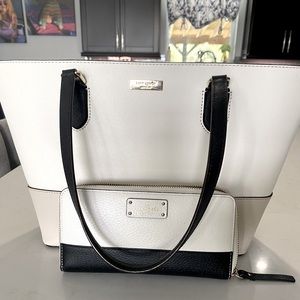 Kate Spade medium size black and ivory tote with wallet.